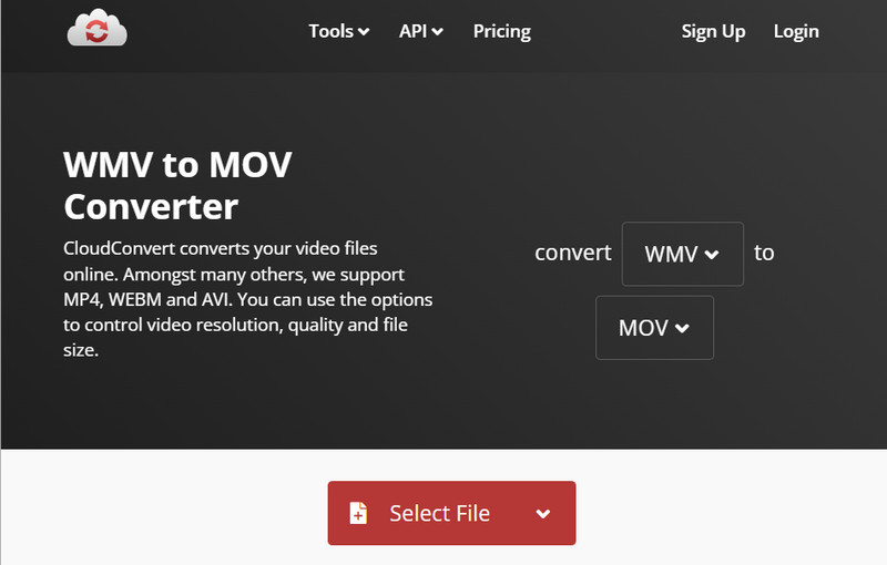 CloudConvert Seleccionar archivo WMV a MOV