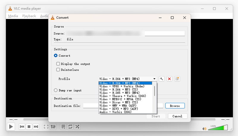 VLC Elegir formato