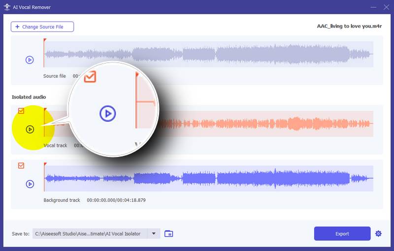 Vista previa de pistas de audio aisladas