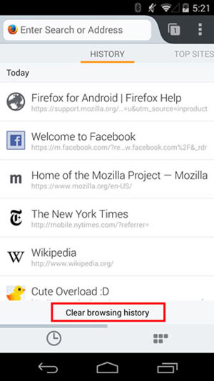 Borrar el historial de navegación de Mozilla Firefox en Android