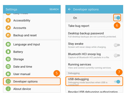 Modo de depuración USB en Samsung Galaxy S5/S6/S72