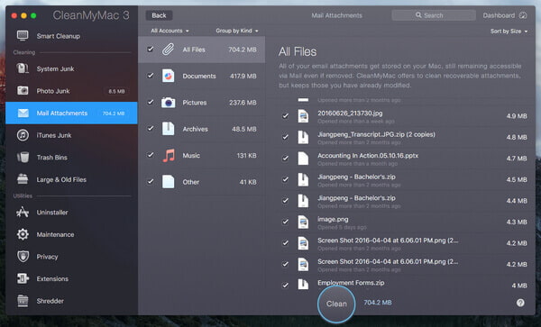 CleanMyMac 3 Limpieza de archivos adjuntos de correo