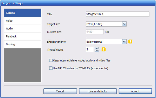 Configuración del proyecto de película de DVD