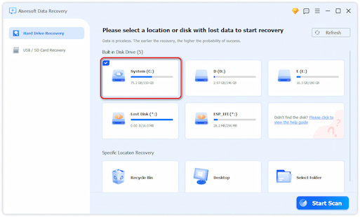 Seleccione el tipo de datos y la ubicación para recuperar