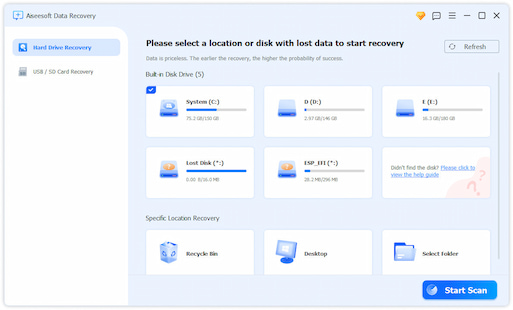 Seleccione el tipo de datos y el disco para escanear