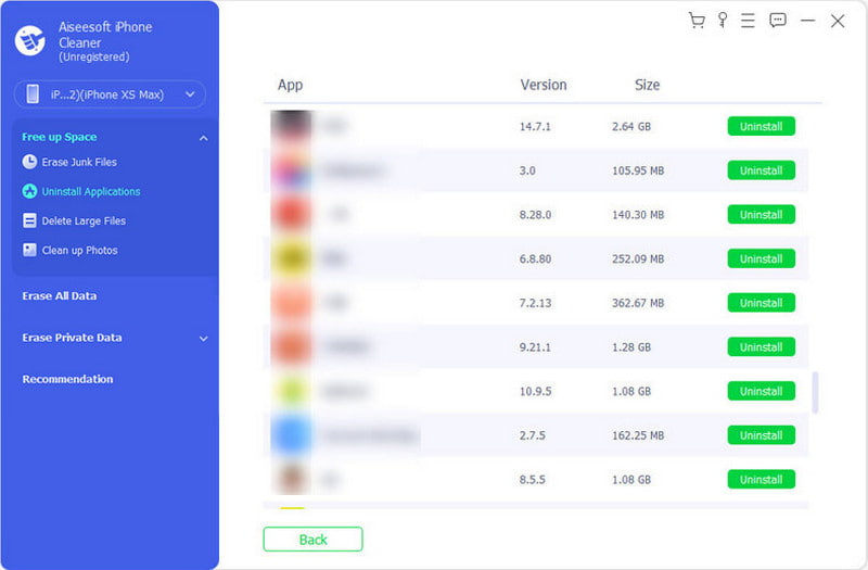 Aiseesoft iPhone Cleaner Desinstalar la aplicación Eliminar archivos grandes