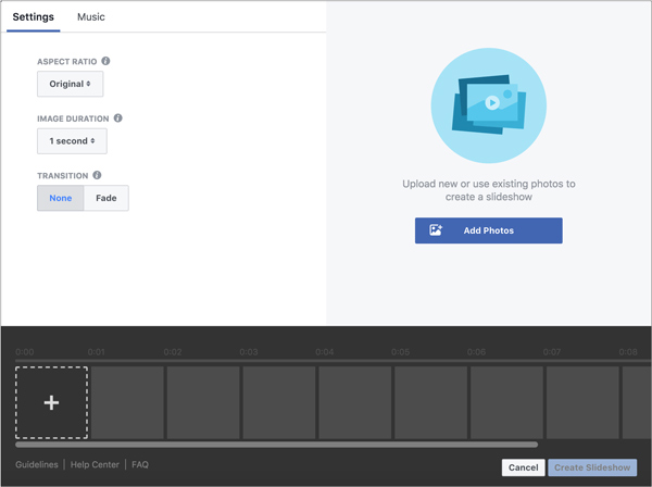 Configuración de presentación de diapositivas de Facebook