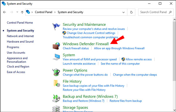 Elija el cortafuegos de Windows Defender