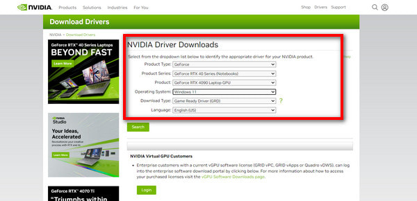 Controlador seleccionado de Nvidia