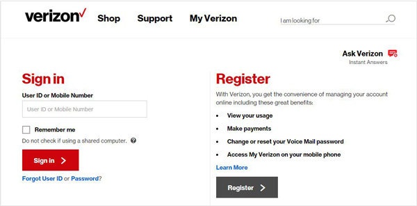 Sitio de mensajes de Verizon