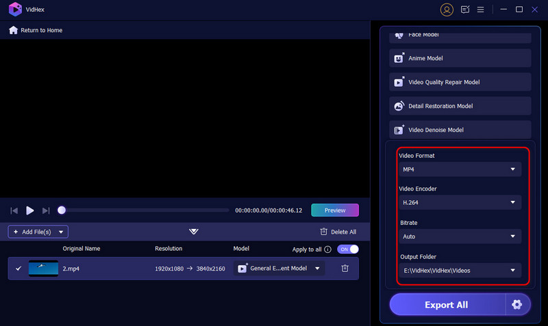 Configuración de exportación de Vidhex