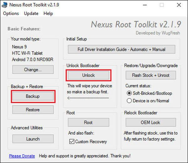 Copia de seguridad y desbloqueo desde Nexus Root Toolkit