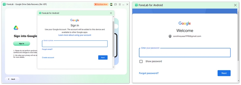 Introduce tu cuenta y contraseña de Google Drive para iniciar sesión.