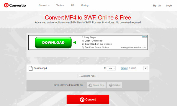 Convierte MP4 a SWF con Convertio