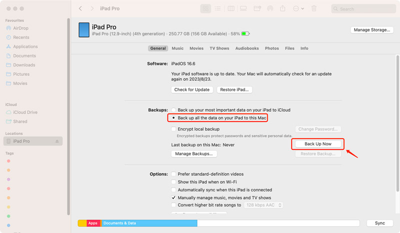Hacer una copia de seguridad del iPad en Mac usando Finder