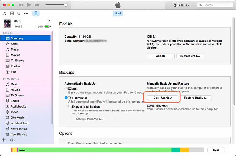 Hacer una copia de seguridad del iPad con iTunes en Mac