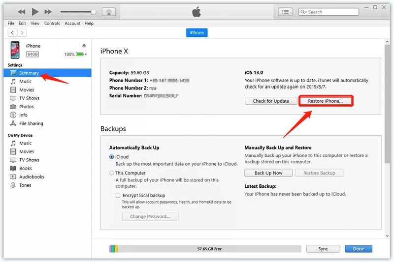 Desbloquee un iPhone deshabilitado a través de iTunes Restore