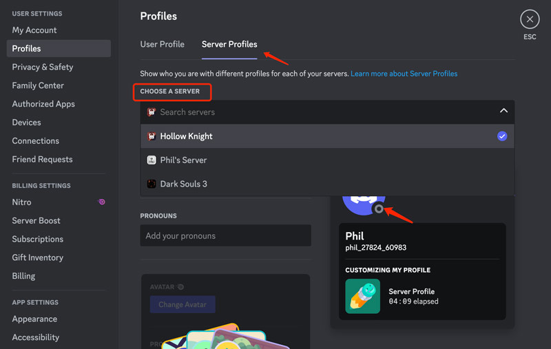 Cambiar perfiles de servidor de Discord