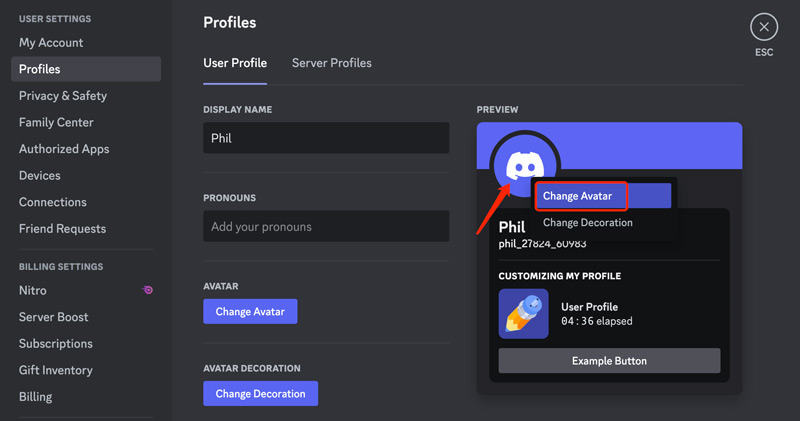 Cambiar avatar de perfil de usuario de Discord