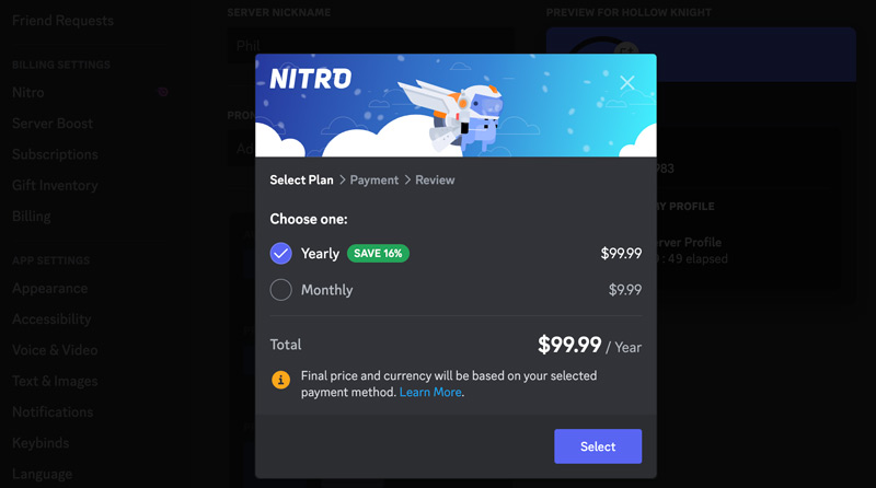 Nitro Cambiar perfiles de servidor de Discord