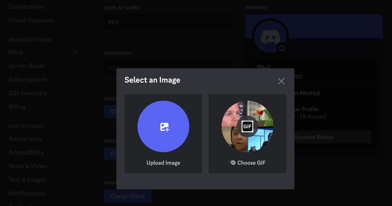 Cargar imagen para cambiar la foto de perfil de Discord