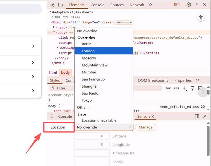 Cambiar ubicación en las herramientas para desarrolladores de Google Chrome
