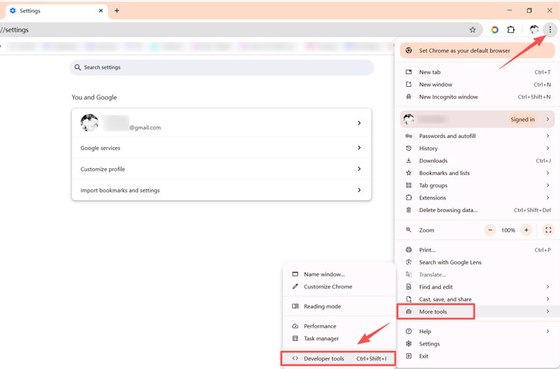 Herramientas para desarrolladores de la configuración de Google Chrome