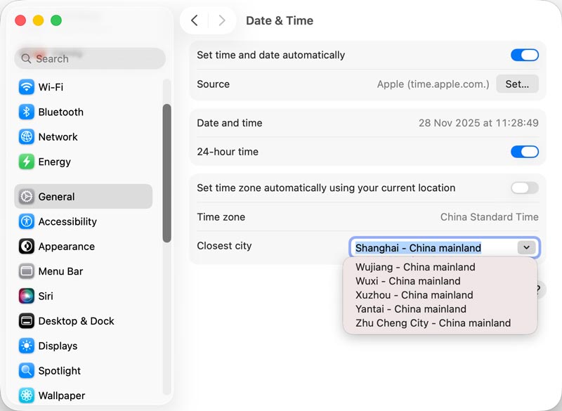 Mac Establecer zona horaria desde la ciudad más cercana