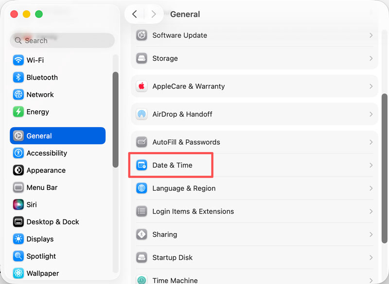 Configuración del sistema Mac Fecha y hora