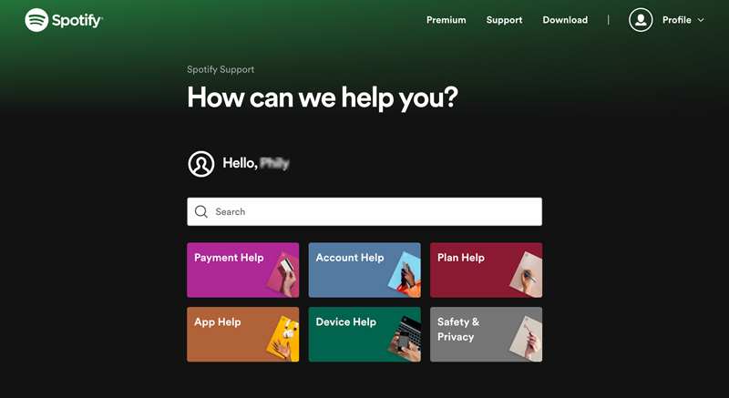 Póngase en contacto con el soporte de Spotify