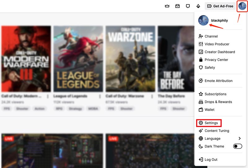 Haga clic en la imagen de perfil de Twitch en el sitio web