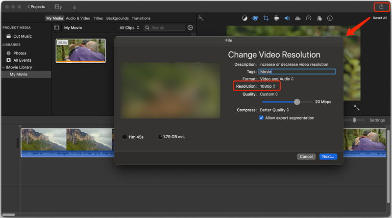 Cambiar la resolución de vídeo iMovie Mac