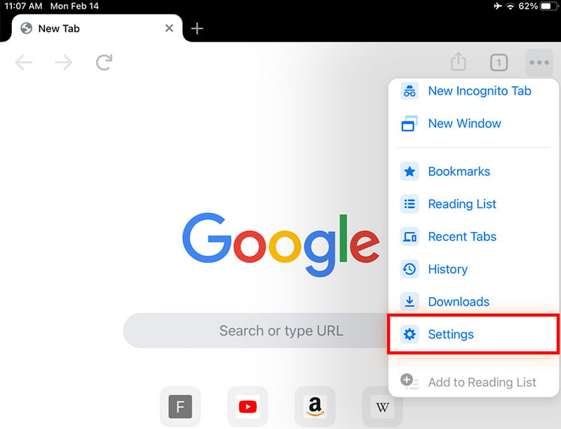 Configuración del icono de tres puntos de Chrome