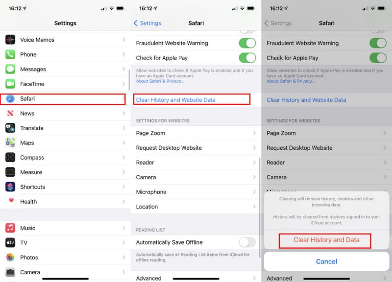 Configuración de iPhone Safari Borrar historial y datos