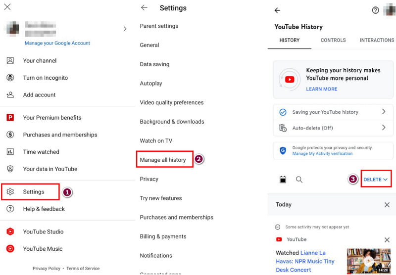 Configuración de YouTube Administrar todo el historial Eliminar