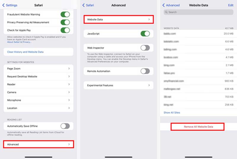 Eliminar todos los datos del sitio web iPhone