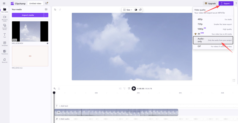opción de exportación de solo audio de clipchamp
