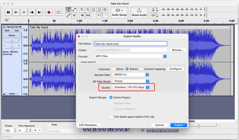 Audacity Convertir tasa de bits de MP3