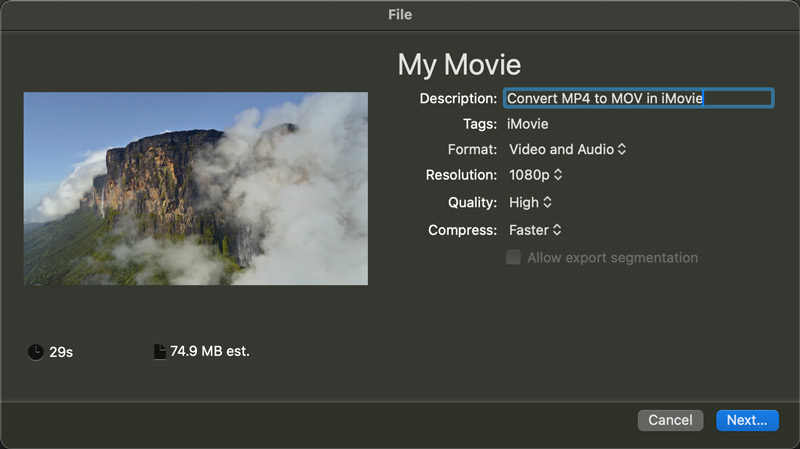 Exportar MP4 como MOV usando iMovie