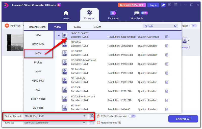 Seleccione el formato MP4 o MOV para convertir.