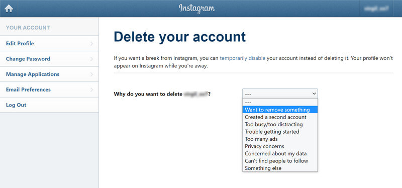 Razón para eliminar la cuenta de Instagram