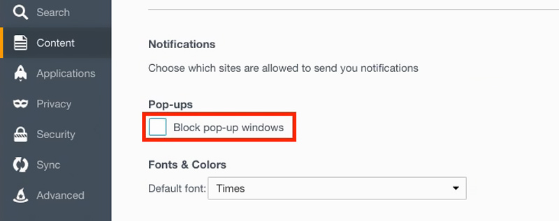 Deshágase del bloqueador de ventanas emergentes en Mac Firefox