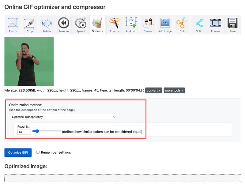 Optimizar y mejorar GIF en línea gratis Ezgif