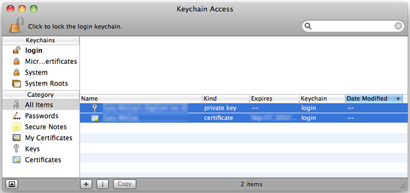 Seleccione Certificados de acceso a llaveros Mac
