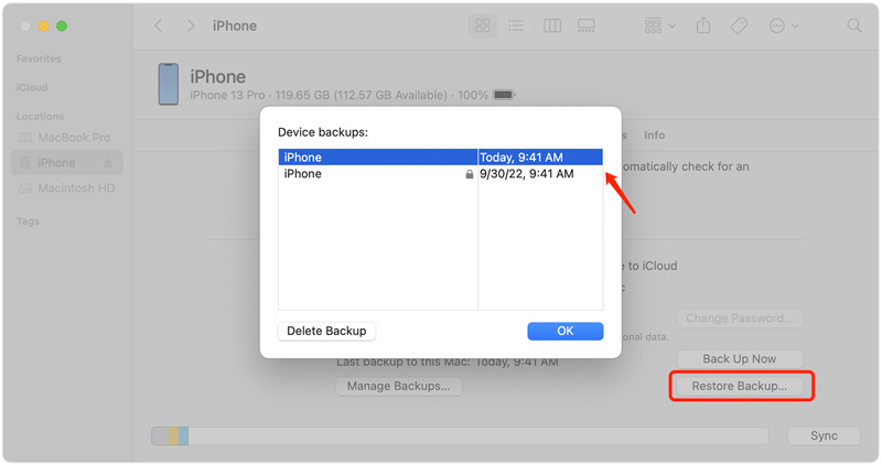 Extraiga la copia de seguridad del iPhone en Mac usando Finder