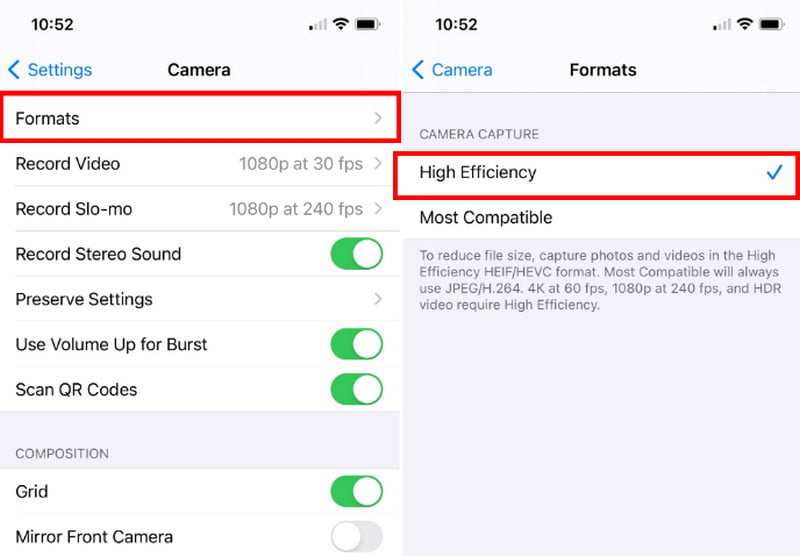 Configuración del iPhone Cámara Alta Eficiencia