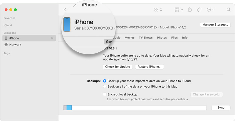 Obtenga el número IMEI en iPhone si está bloqueado desde Finder