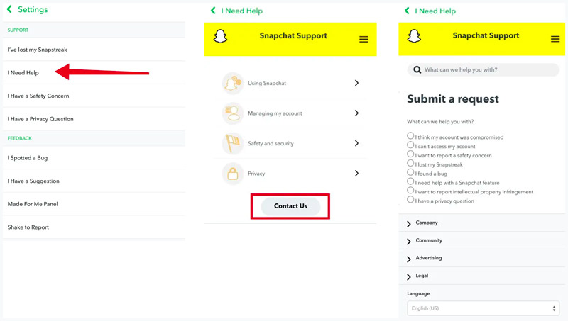 Póngase en contacto con el soporte de Snapchat dentro de la aplicación