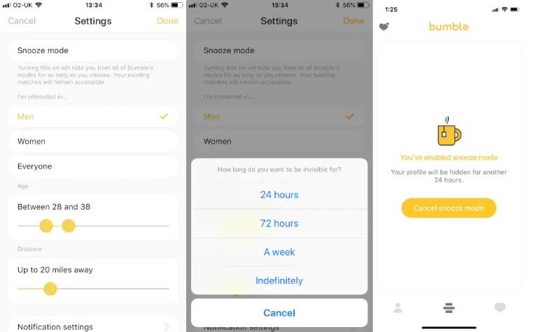 Activa el modo Snooze en Bumble