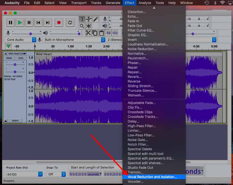 Elija reducción y aislamiento vocal en Audacity